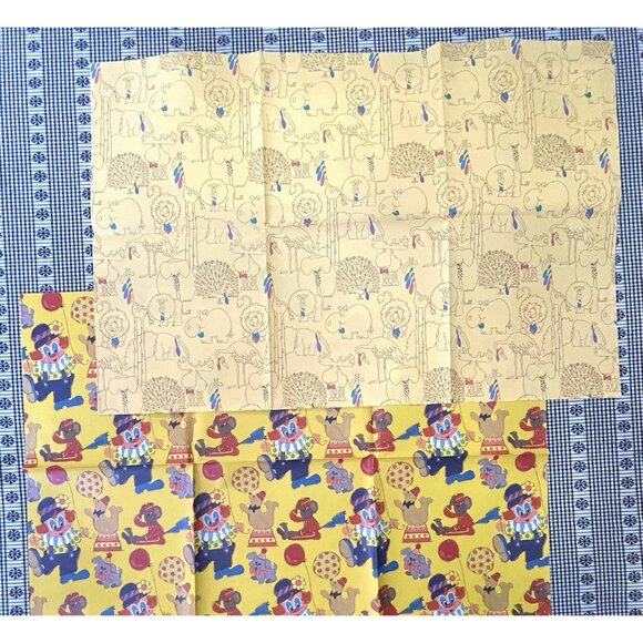 Vintage Gift Wrap Circus Clowns & Animals in Ties Yellow 80s Moose Peacock Paper - Picture 6 of 11